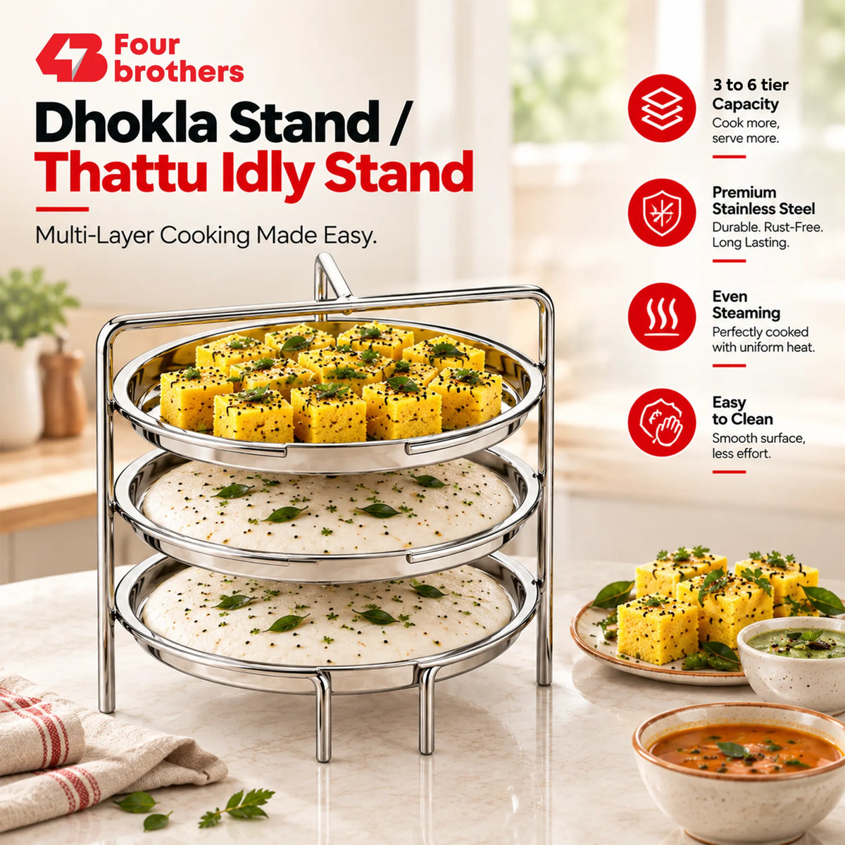 Dhokla Stand, Thattu Idly Stand Stainless Steel Steamer Plate | Four Brothers