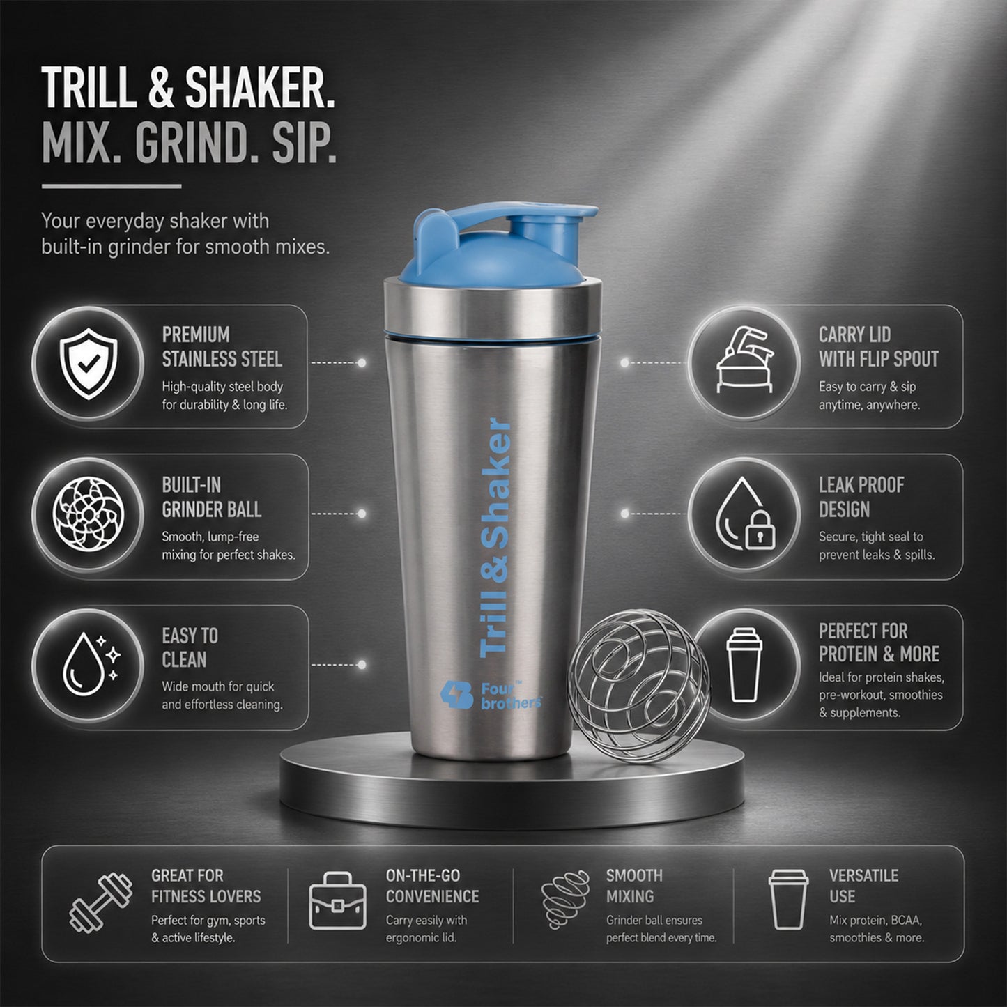 Four Brothers Stainless Steel Trill & Shaker Bottle