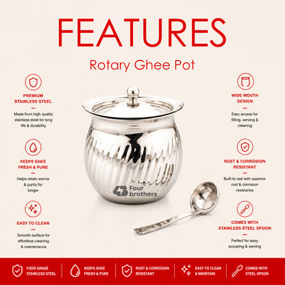 Rotary Stainless Steel Ghee Pot with Spoon