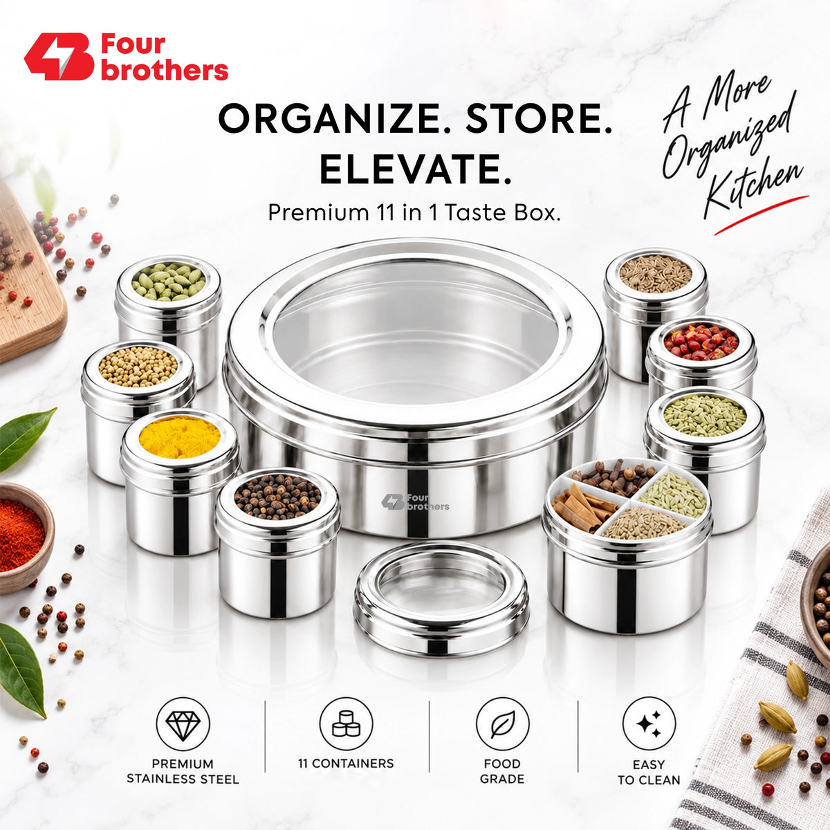 Orbit Stainless Steel Spice & Dry Fruit Box, 11 in 1 | Four Brothers