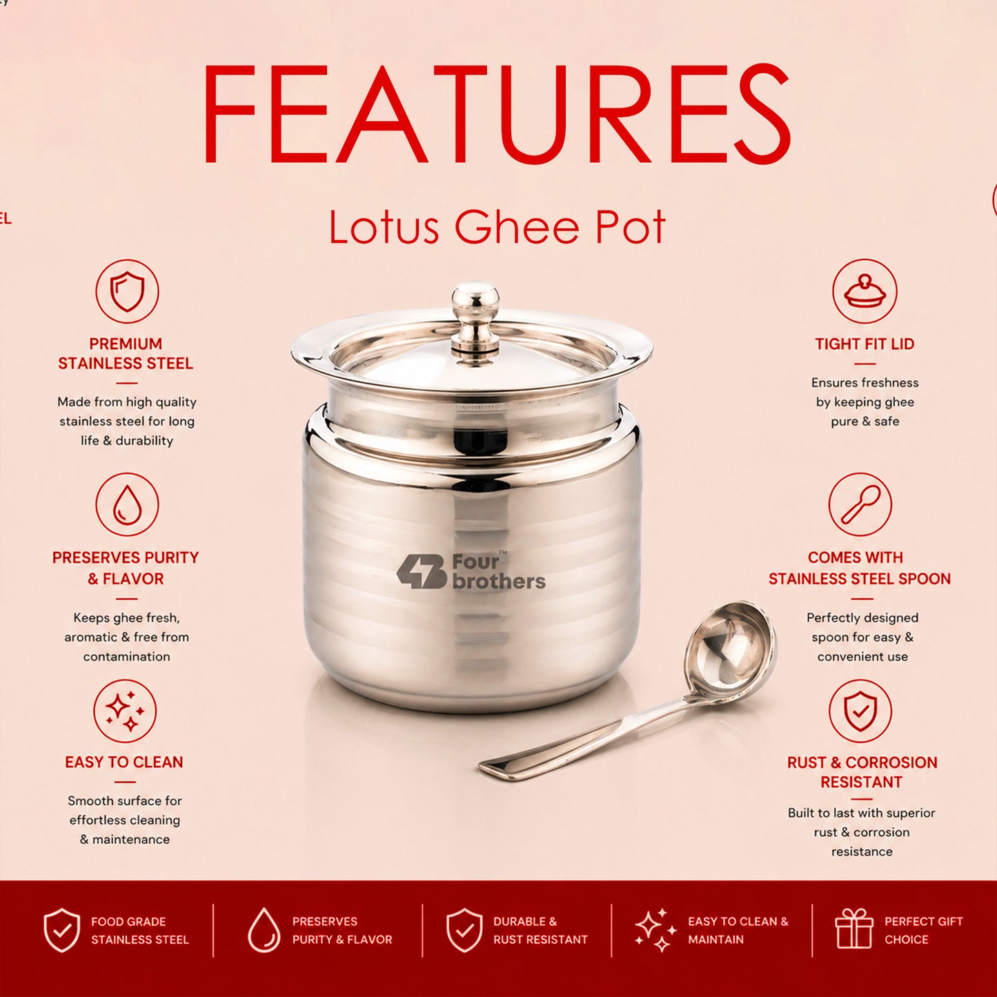 Lotus Stainless Steel Ghee Pot with Spoon