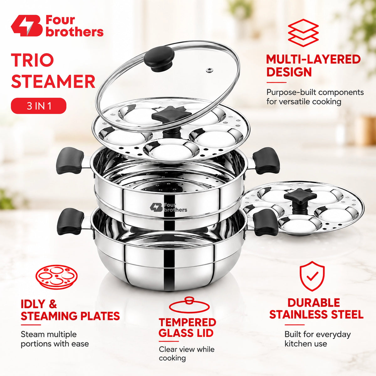 Trio 3 in 1 Steamer, Idli Pot and Multi Kadai | Four Brothers