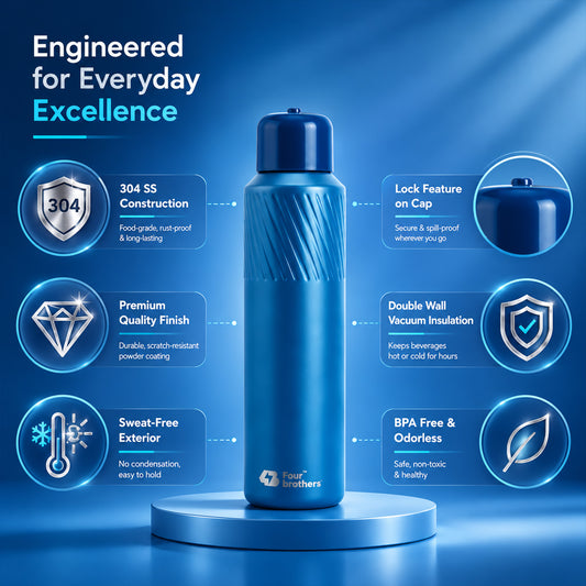 Four Brothers Insulated Water Bottle ( Aqua ) – 18Hr Hot & 24Hr Cold Stainless Steel Flask (Leakproof)