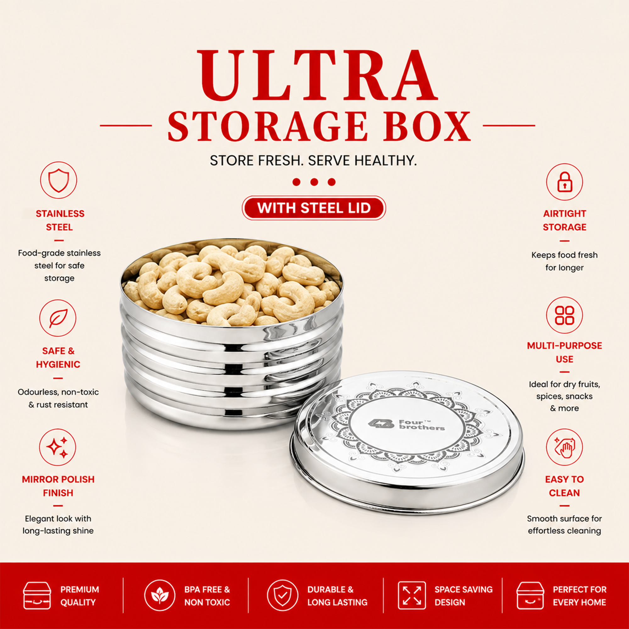 Ultra Storage Stainless Steel Box with Lid | Four Brothers