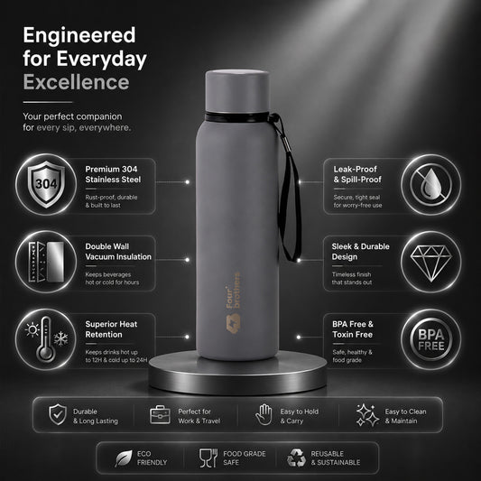 Four Brothers Insulated Water Bottle( Storm ) – 18Hr Hot & 24Hr Cold Stainless Steel Flask (Leakproof)