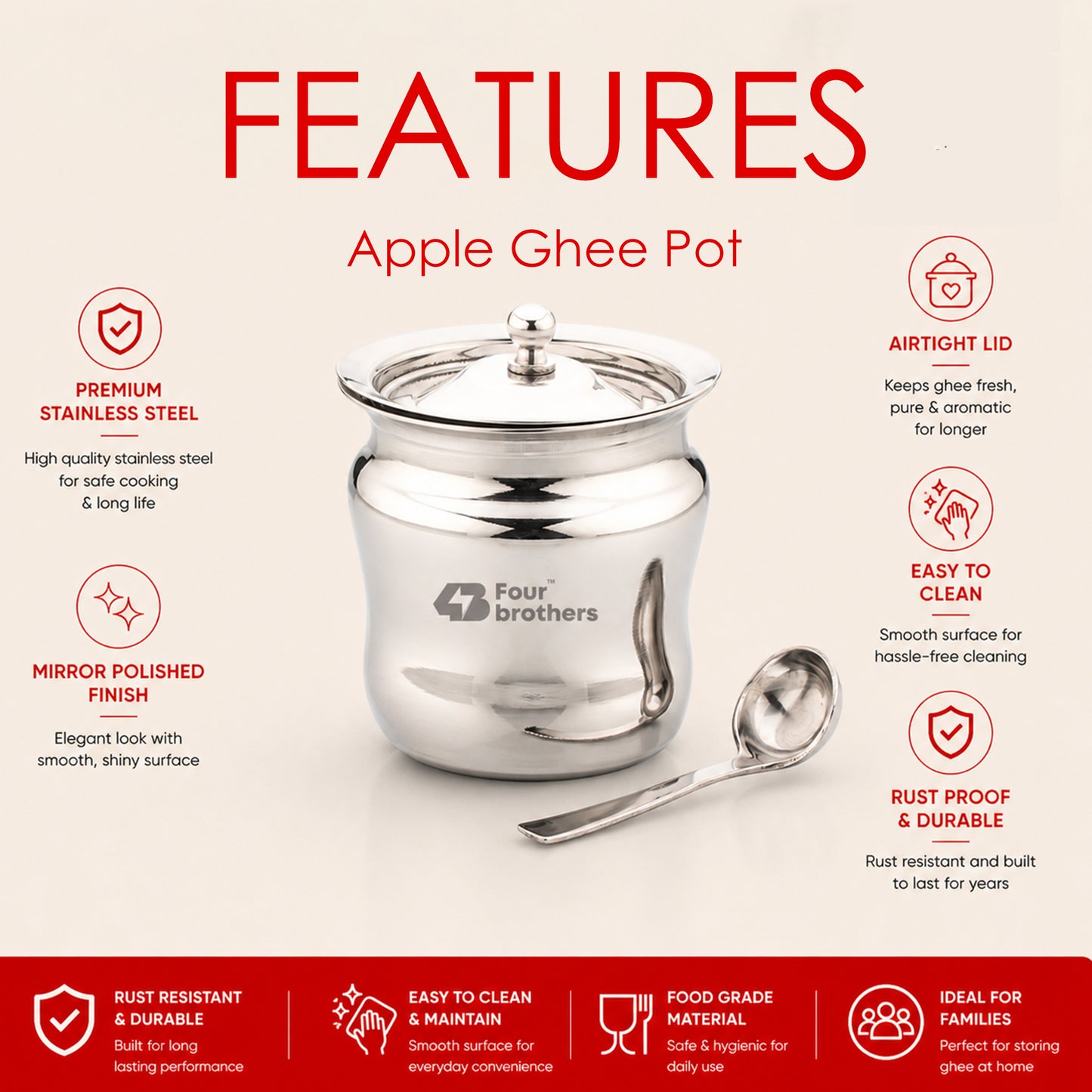 Apple Stainless Steel Ghee Pot with Spoon