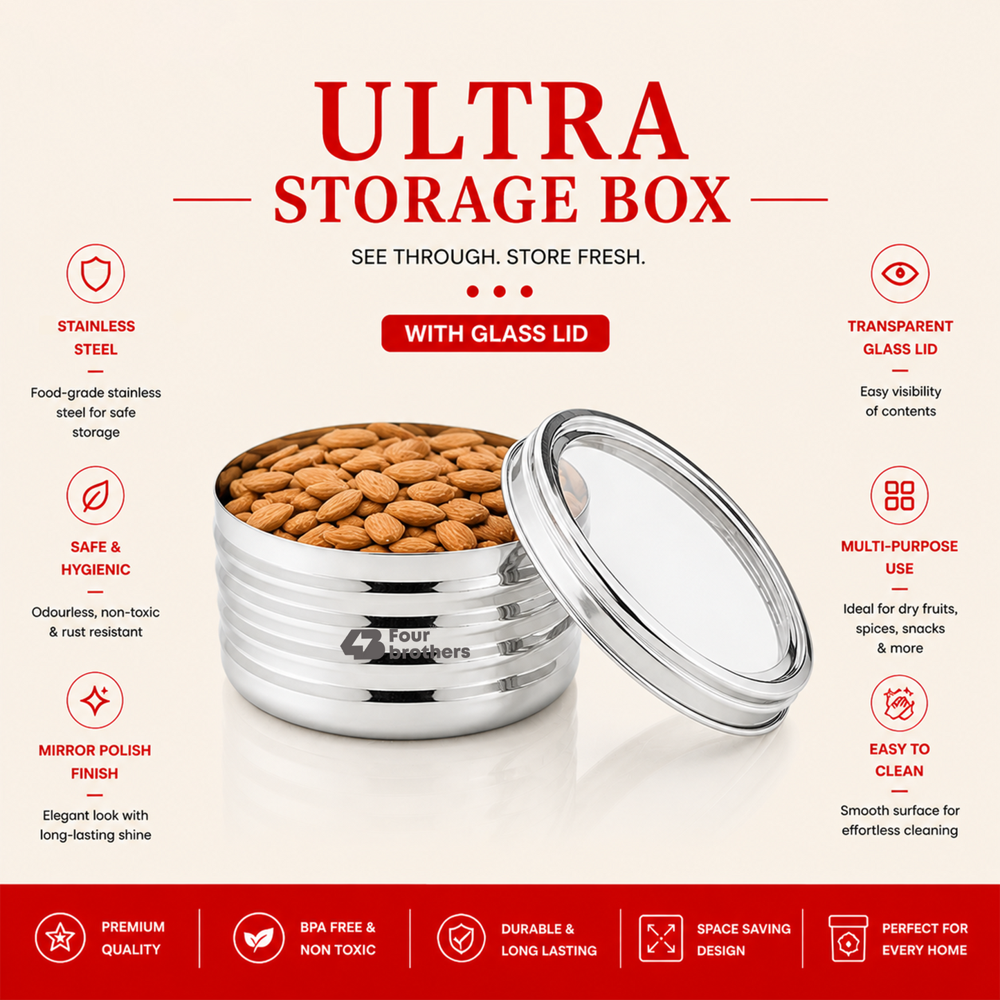 Ultra Storage Stainless Steel Box with See‑Through Lid