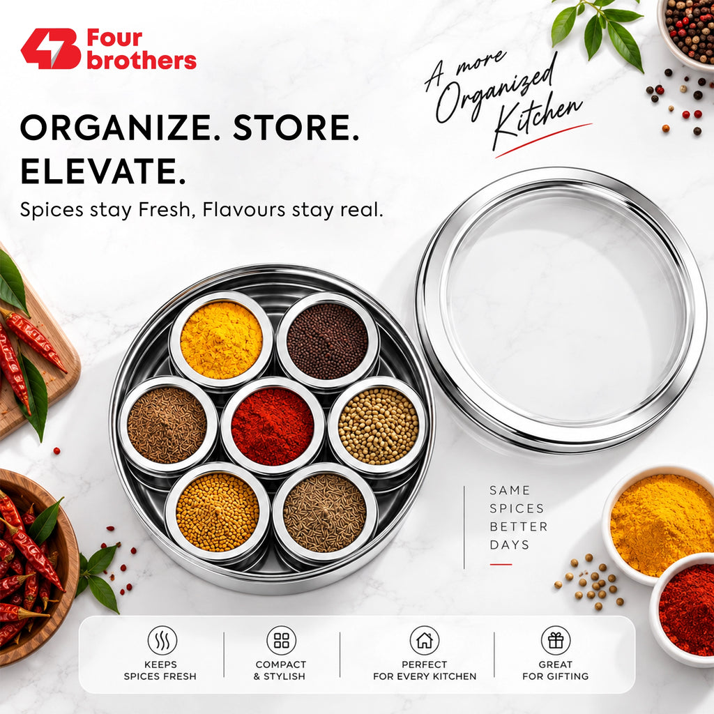 Orbit Stainless Steel Spice & Dry Fruit Box, 7 in 1 | Four Brothers