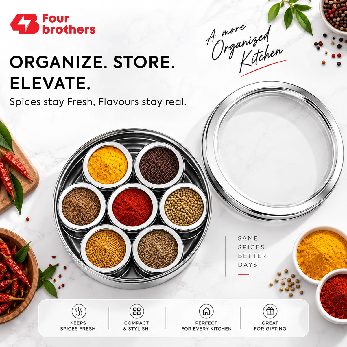Orbit Stainless Steel Spice & Dry Fruit Box, 7 in 1 | Four Brothers