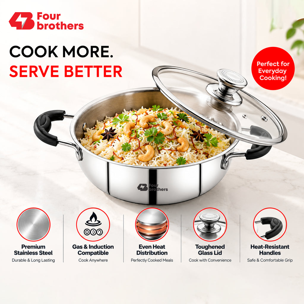 Stainless Steel Feast Kadai with Glass Lid (3 Litres) | Four Brothers