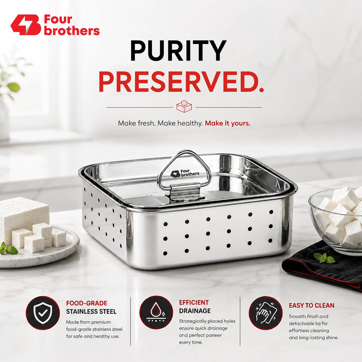 Four Brothers Stainless Steel Paneer Mould made from food grade steel with drainage holes for whey separation