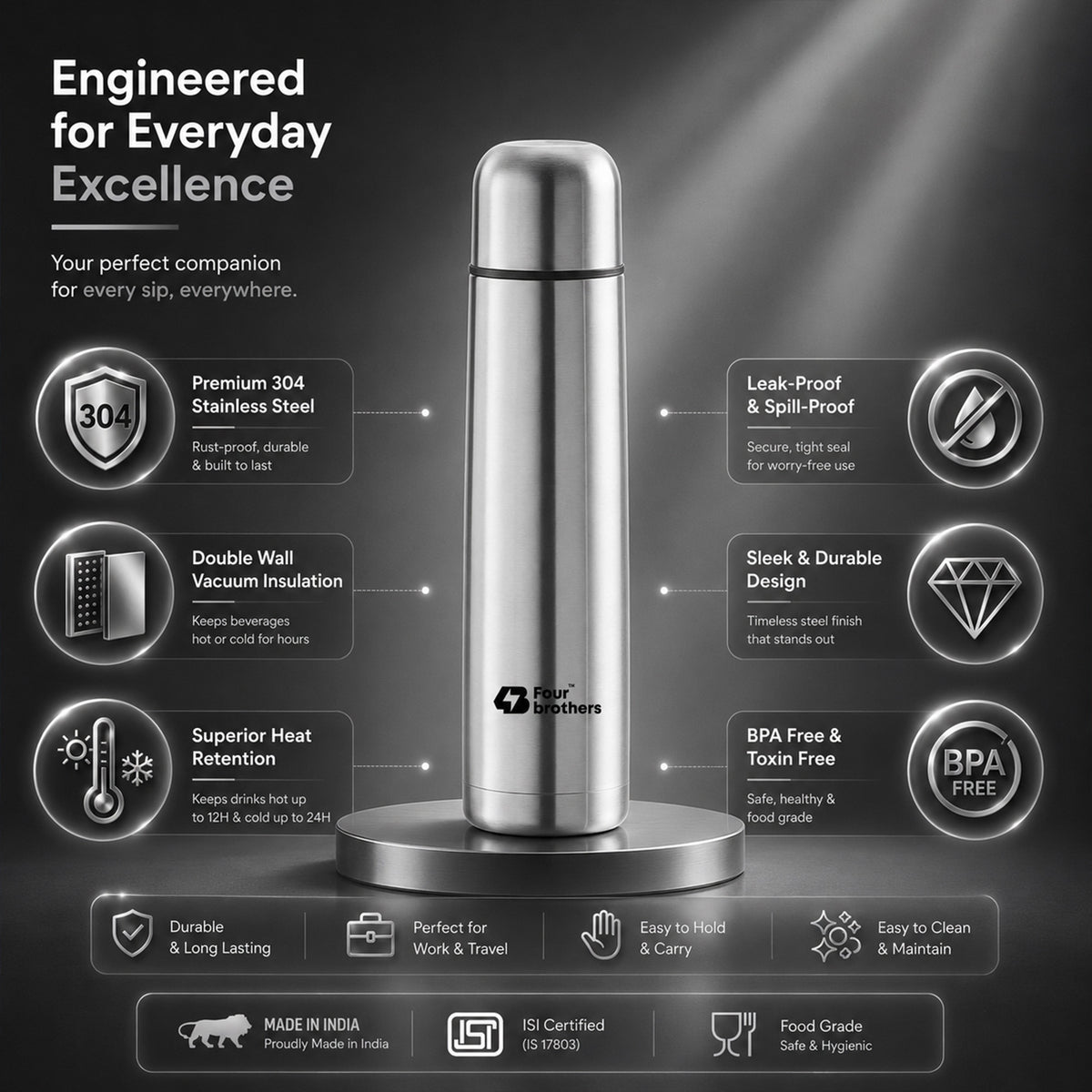 Hot and Cold Bullet Flask Double Wall 304 Stainless Steel | Four Brothers