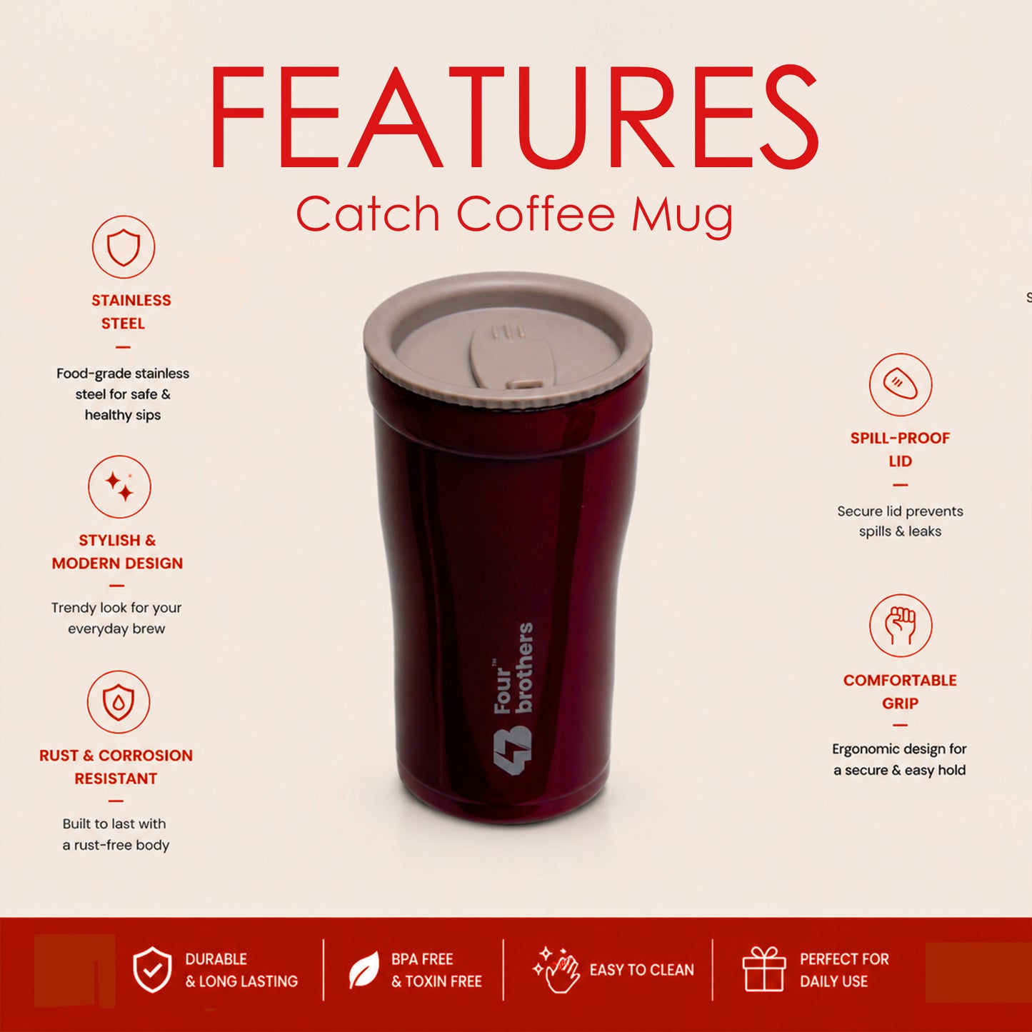 Catch Coffee Mug with Lid – Double Wall | 304 Stainless Steel (280ml)