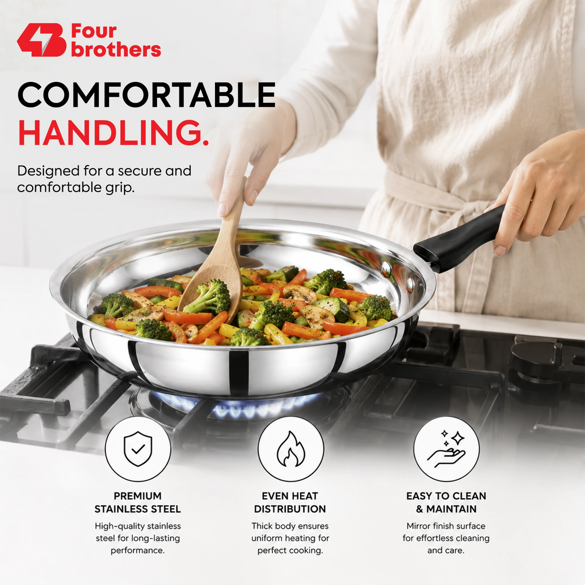 Premium Stainless Steel Frypan, Mirror Polish Finish | Four Brothers