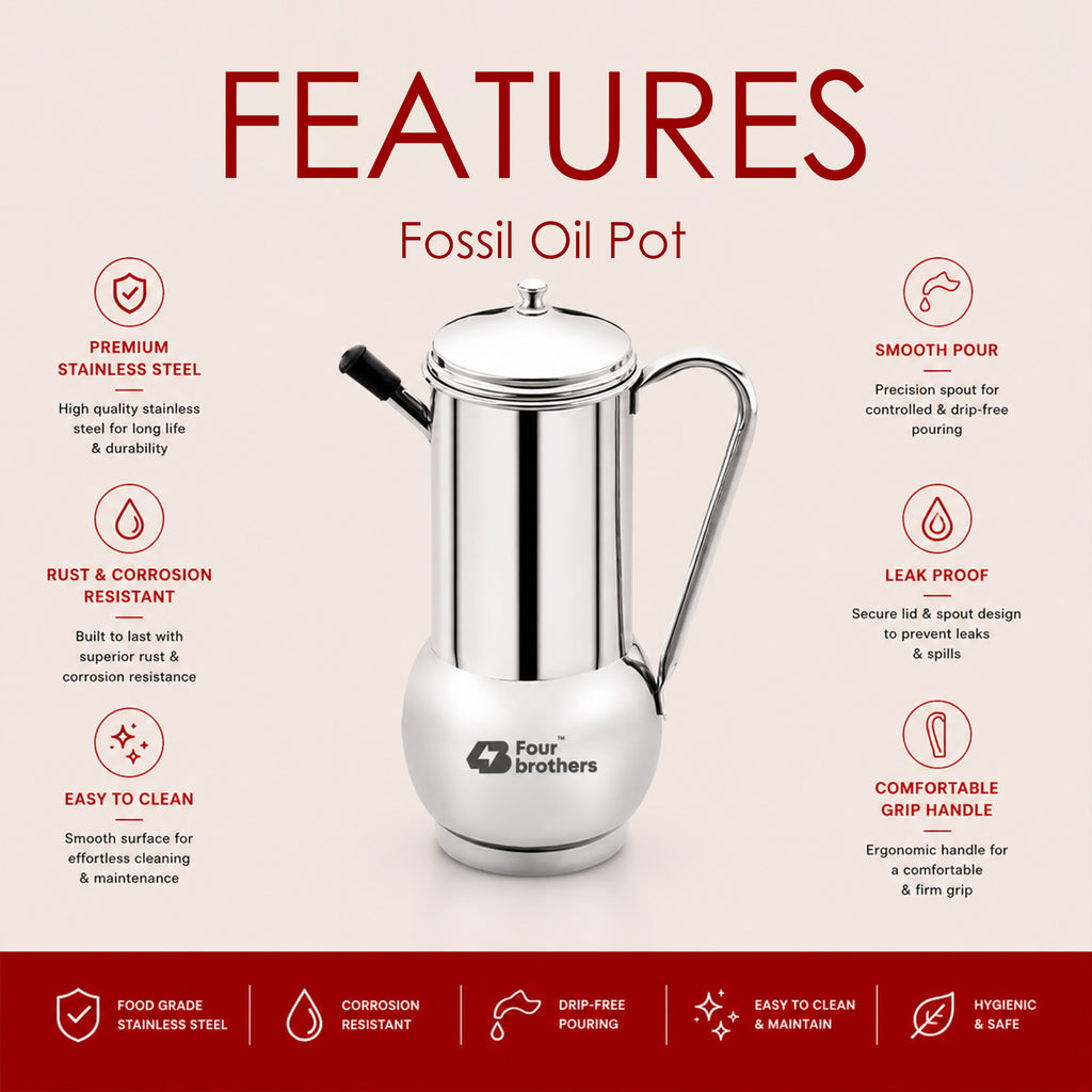 Fossil Stainless Steel Oil Storage Pot – Spill-Proof, 500ml to 1L