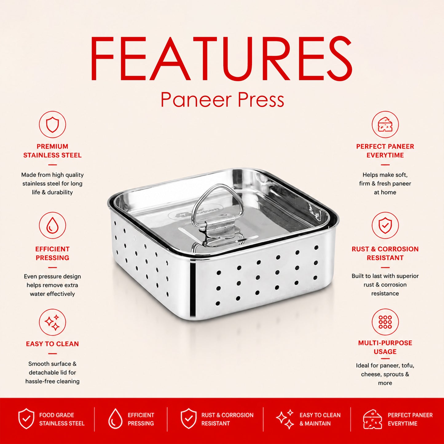 Stainless Steel Paneer Mould – 550ML Capacity (Square Shape)