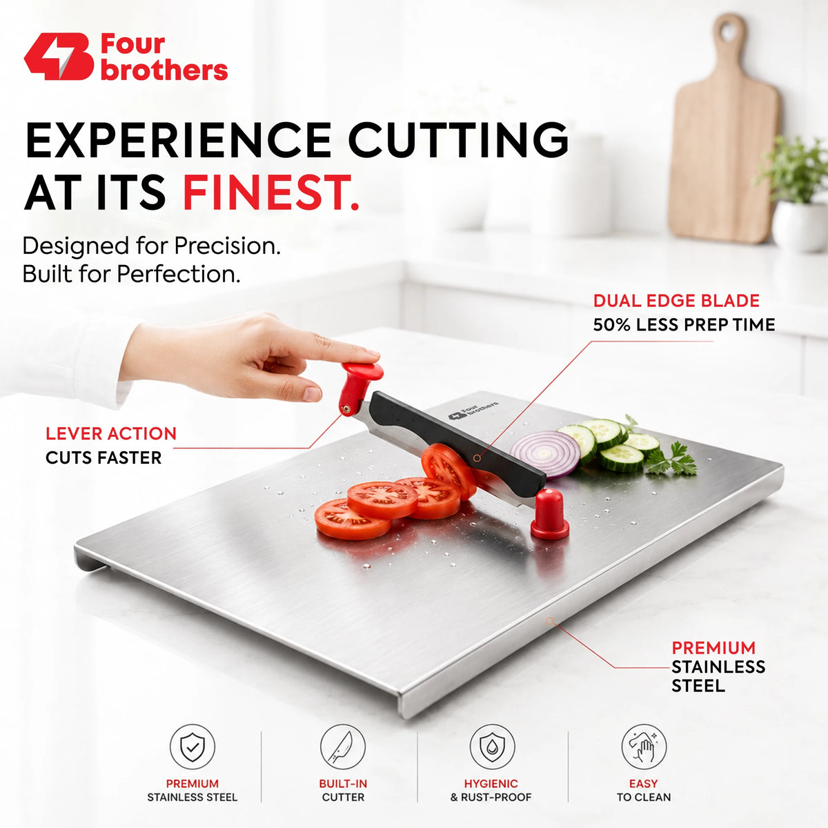 Royal Stainless Steel Cutting Board with Reversible Built-In Cutter | Four Brothers