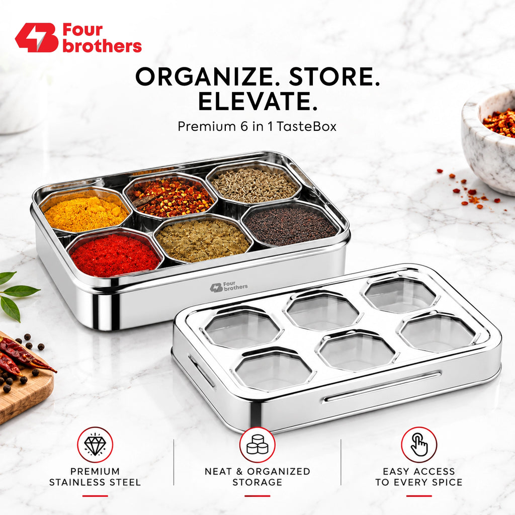 Prism Stainless Steel Spice & Dry Fruit Box, 6 in 1 | Four Brothers