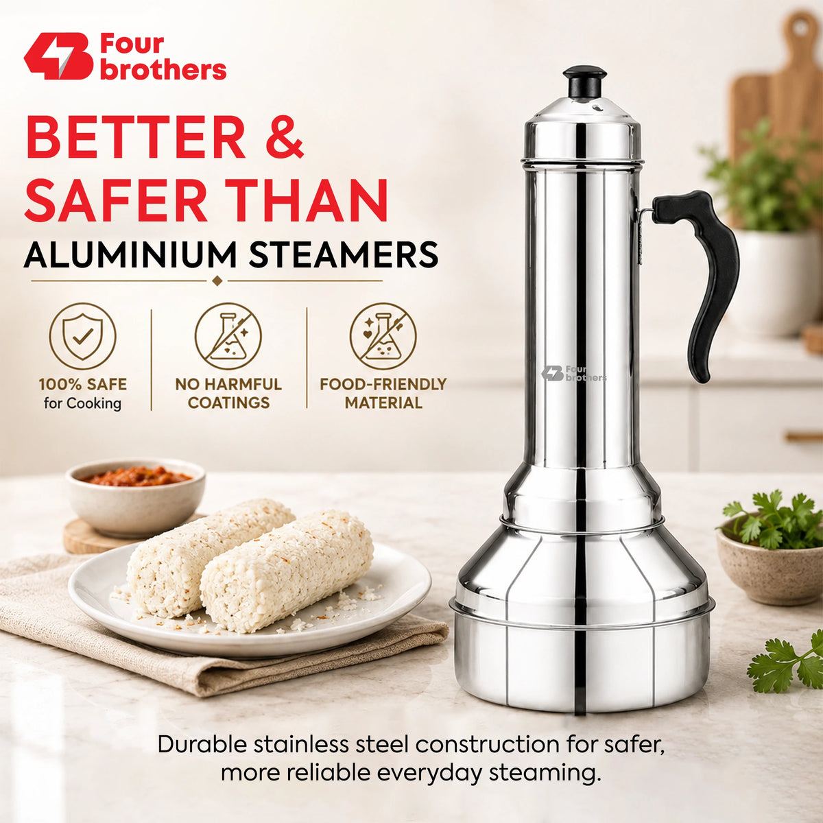 Puttu Kodam Stainless Steel Puttu Maker, Flat and Bulging | Four Brothers