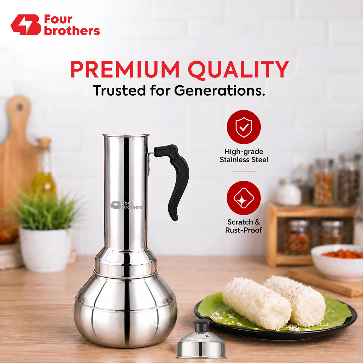 Puttu Kodam Stainless Steel Puttu Maker, Flat and Bulging | Four Brothers