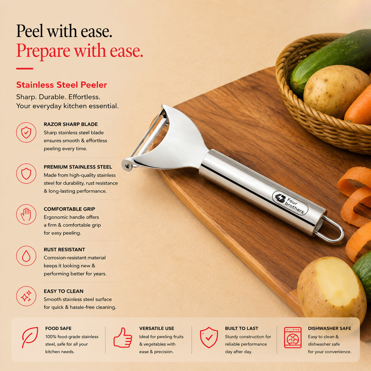 Stainless Steel Vegetable & Fruit Peeler, Sharp Blade | Four Brothers