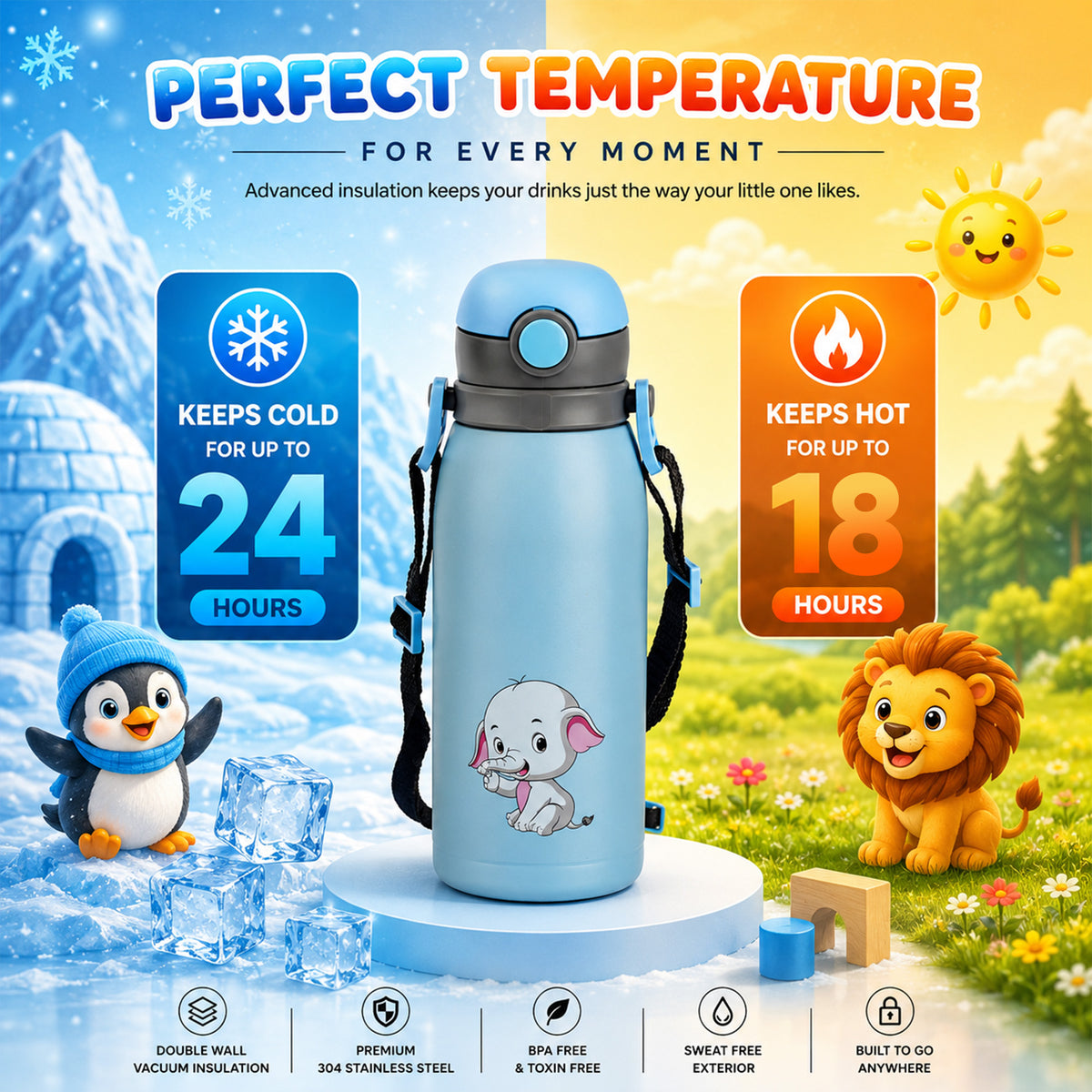Four Brothers Kids Insulated Sipper Bottle - 750ml - 18Hr Hot & 24Hr Cold, Leakproof with Straw