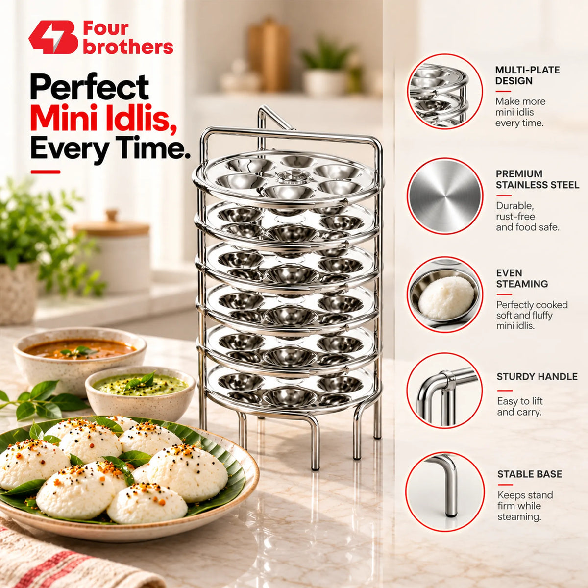 Mini Idly Stand Stainless Steel Steamer Plate, 5 Idlis Per Plate | Four Brothers