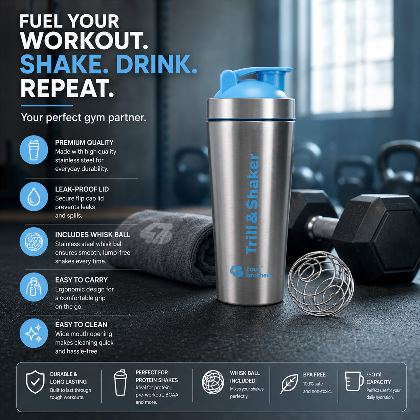 Four Brothers Stainless Steel Trill & Shaker Bottle