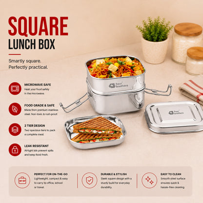 Square Lunch Box – Double Decker (100% Stainless Steel)