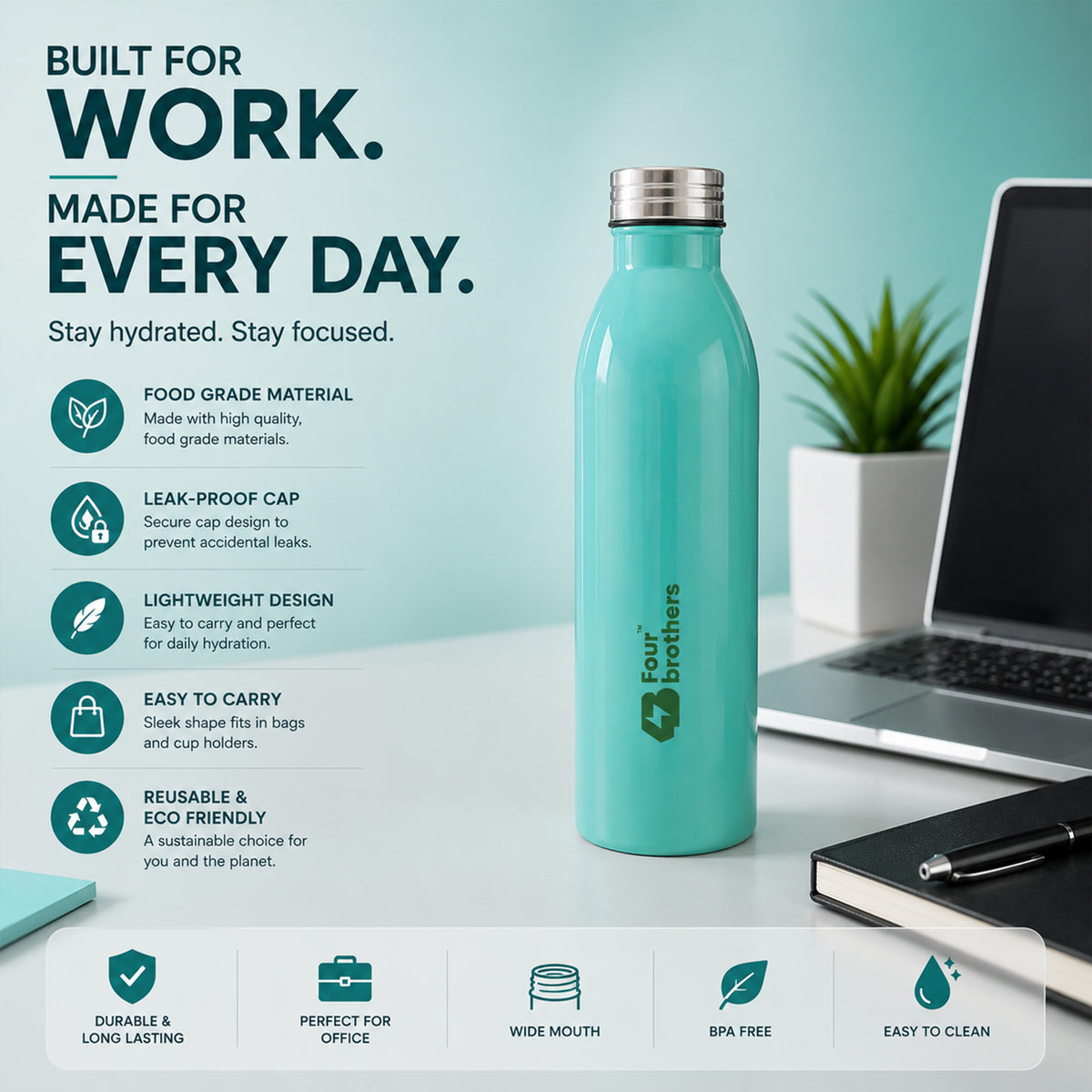 Four Brothers Stainless Steel Water Bottle ( Elite )– Single Wall, Leakproof, Lightweight