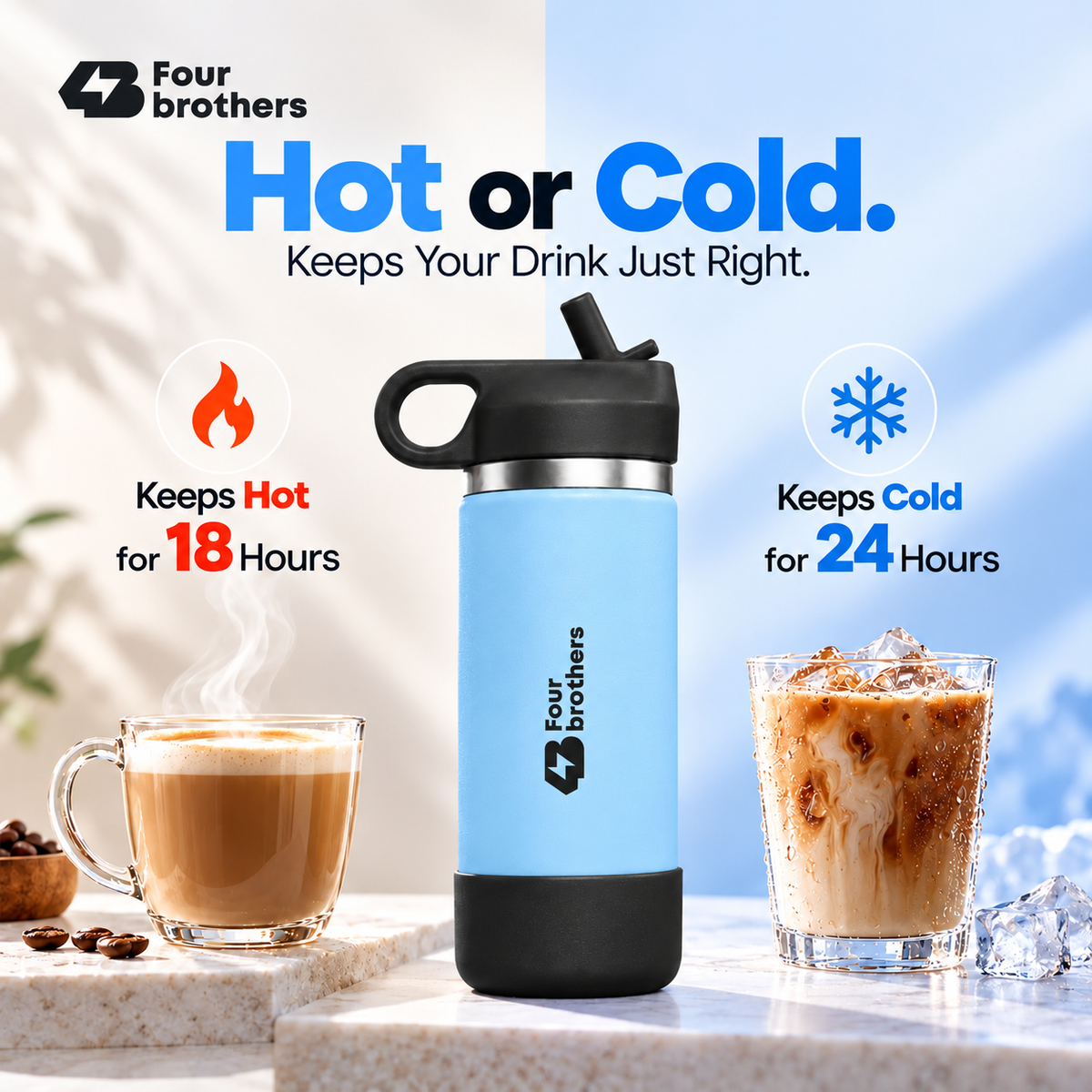 Wave Active Hot and Cold Stainless Steel Straw Bottle 600ml Four Brothers