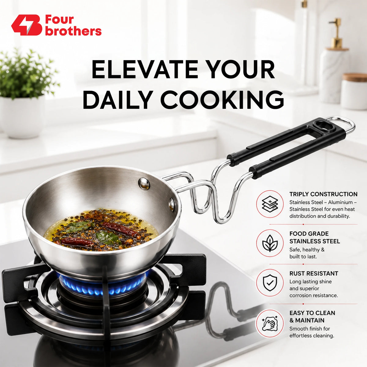 Triply Stainless Steel Tadka Pan, Induction & Gas | Four Brothers