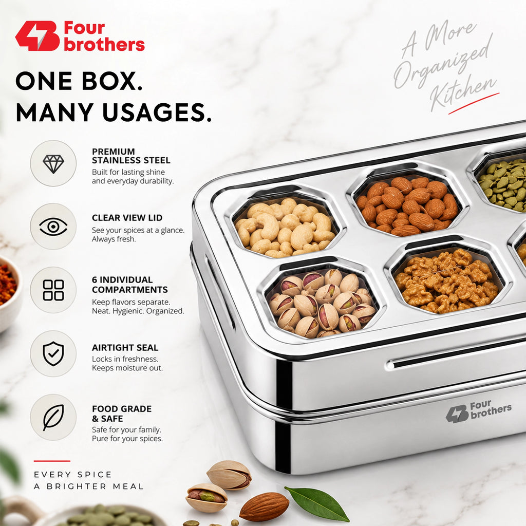 Prism Stainless Steel Spice & Dry Fruit Box, 6 in 1 | Four Brothers