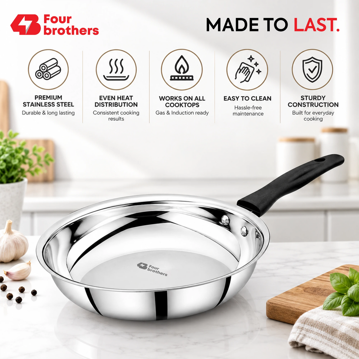Premium Stainless Steel Frypan, Mirror Polish Finish | Four Brothers