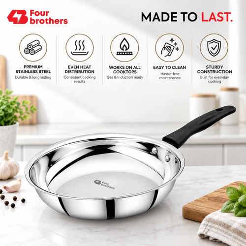 Premium Stainless Steel Frypan, Mirror Polish Finish | Four Brothers