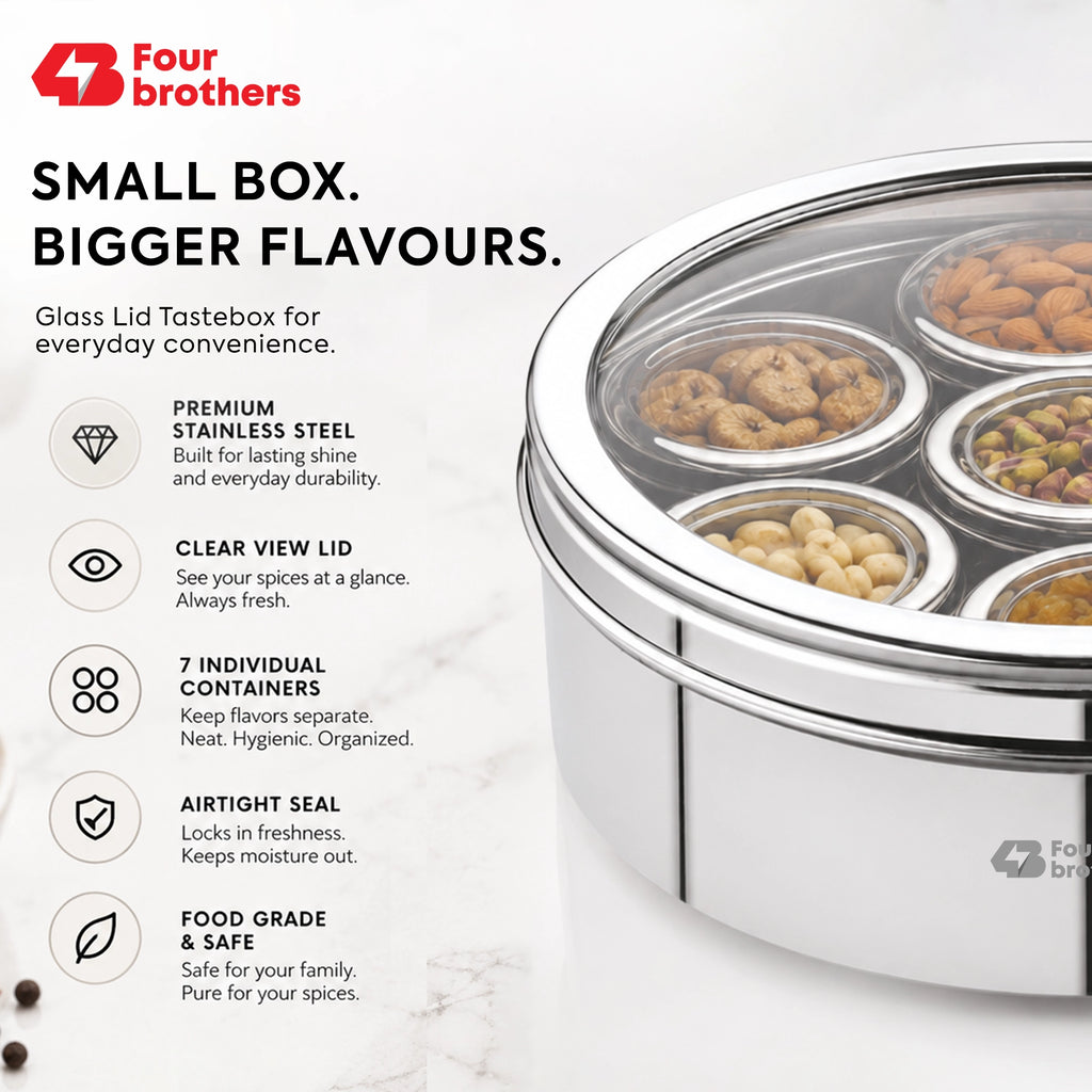 Orbit Stainless Steel Spice & Dry Fruit Box, 7 in 1 | Four Brothers