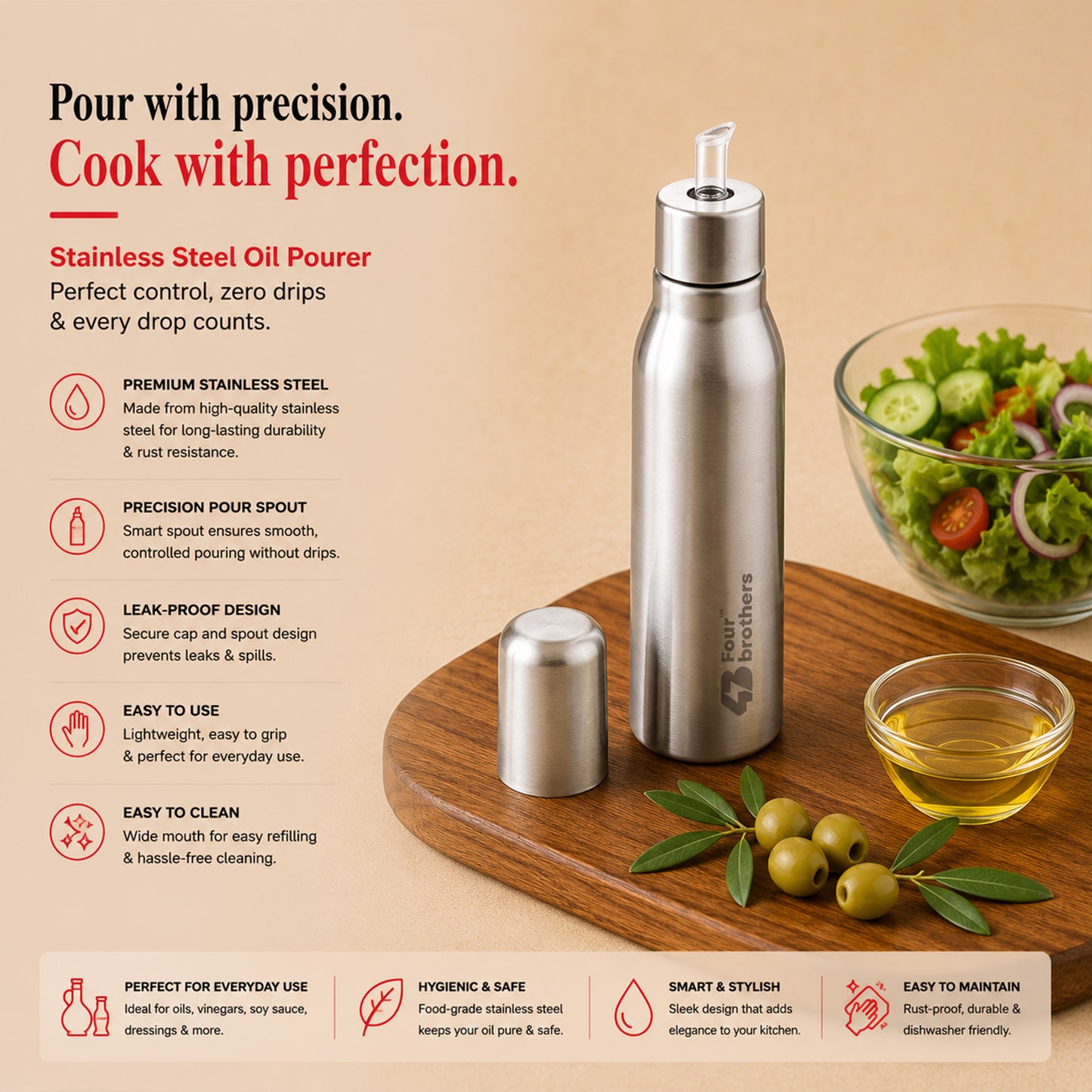 Oil Pourer Stainless Steel -Spill-Free, Hygienic & Durable Dispenser