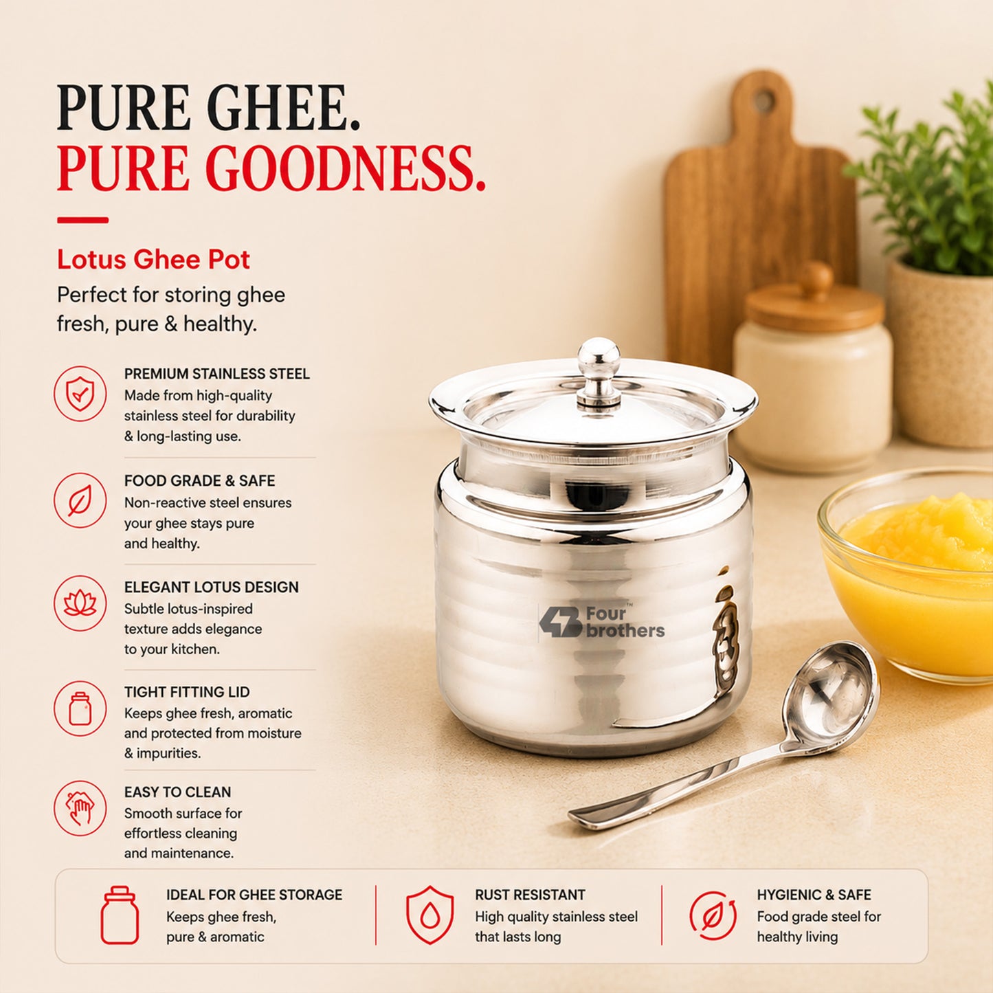 Lotus Stainless Steel Ghee Pot with Spoon
