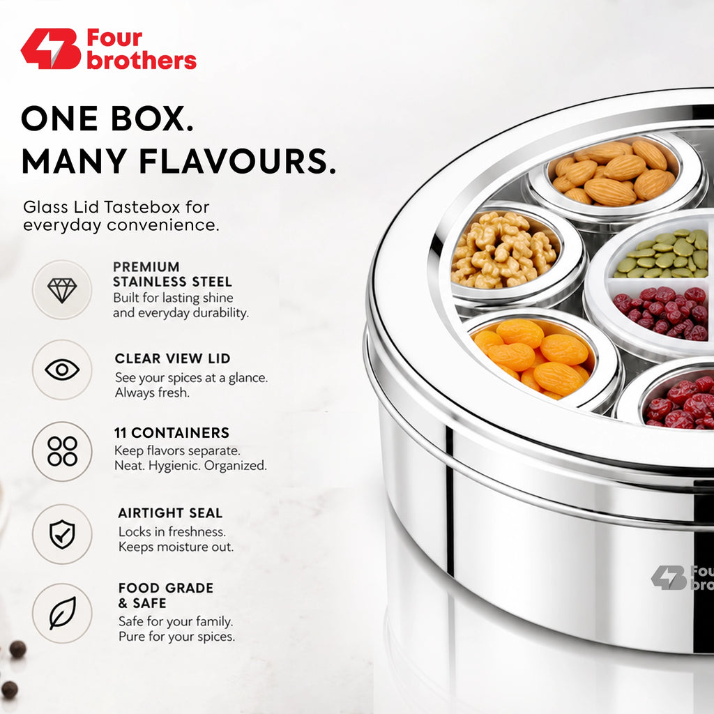 Orbit Stainless Steel Spice & Dry Fruit Box, 11 in 1 | Four Brothers
