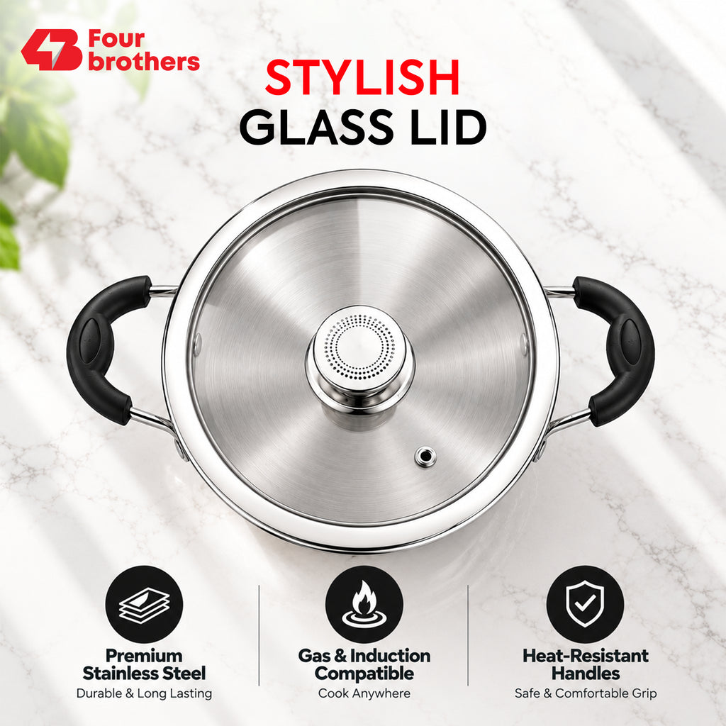 Stainless Steel Feast Kadai with Glass Lid (3 Litres) | Four Brothers