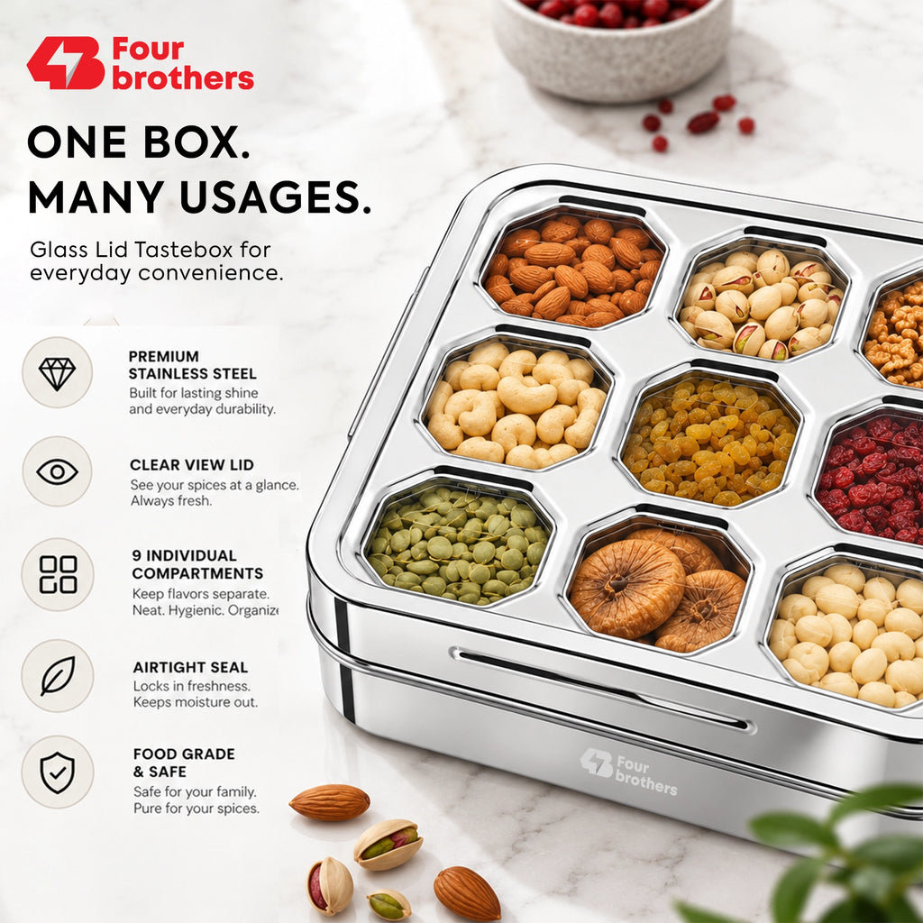 Matrix Stainless Steel Spice & Dry Fruit Box, 9 in 1 | Four Brothers