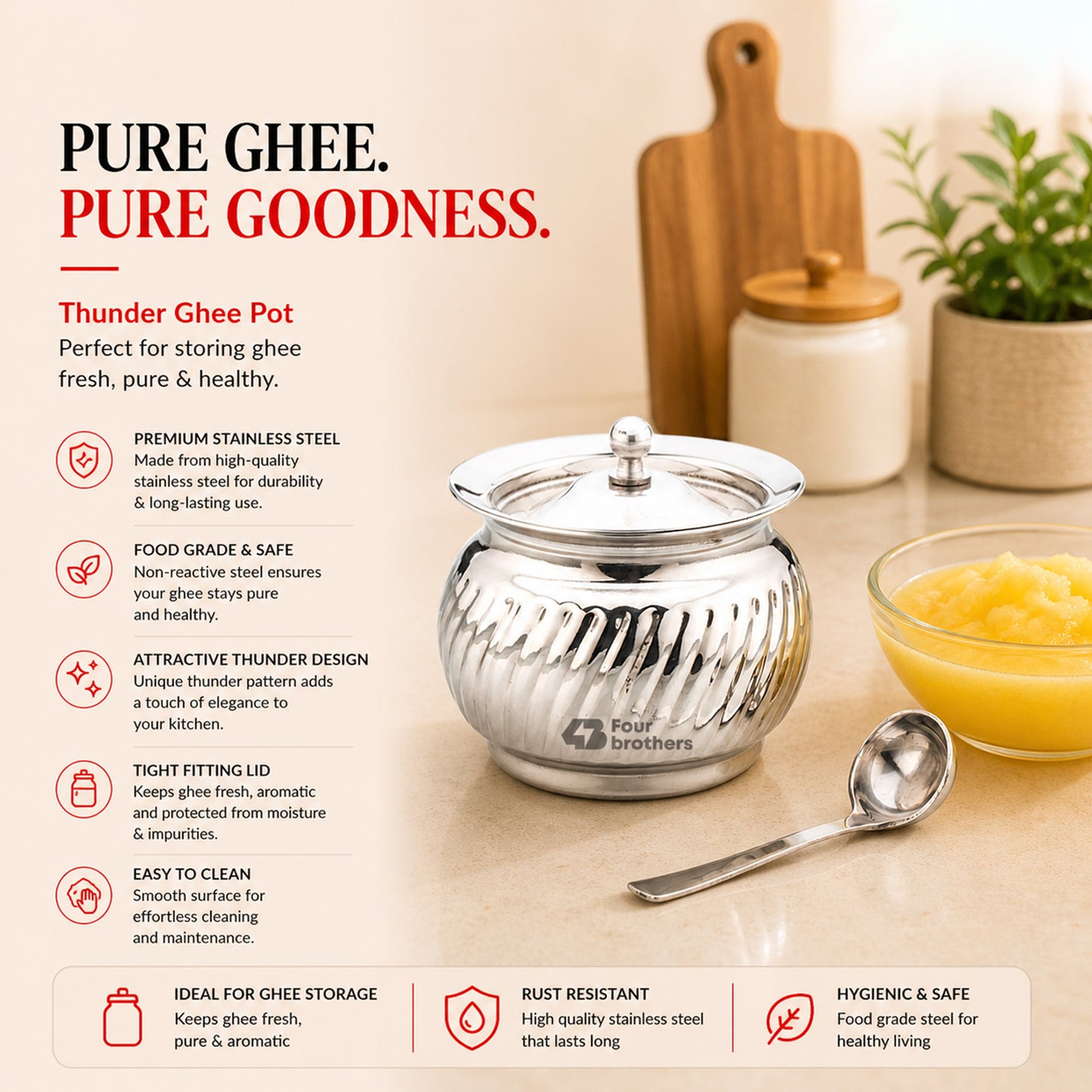 Thunder Stainless Steel Ghee/Oil Pot with Spoon