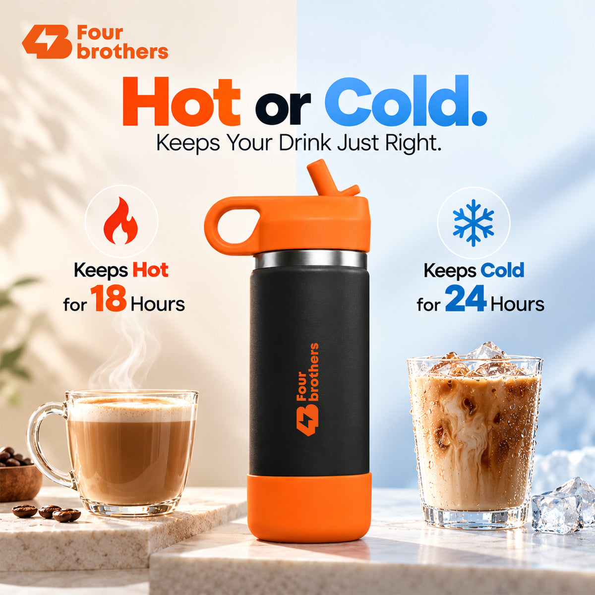 Wave Active Hot and Cold Stainless Steel Straw Bottle 600ml Four Brothers