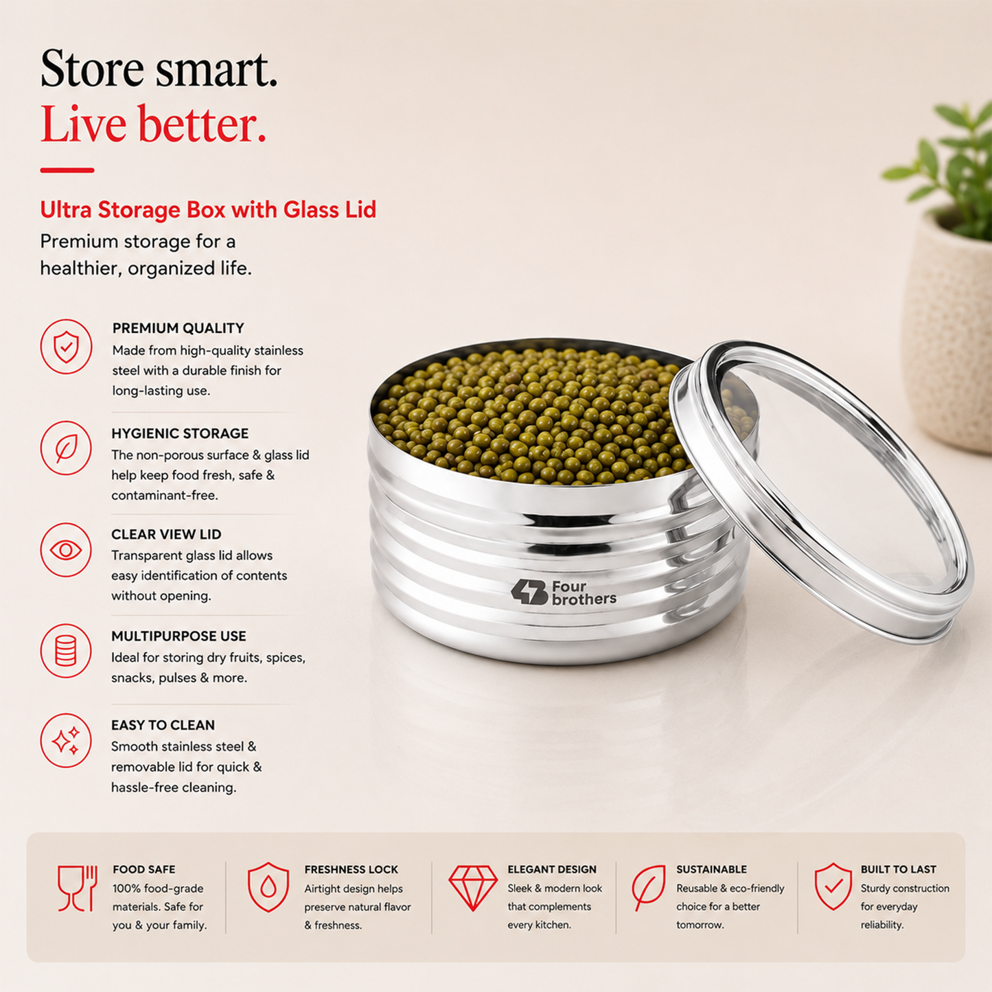 Ultra Storage Stainless Steel Box with See‑Through Lid