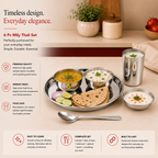 Mily stainless steel thali with bowls, rice plate, glass and spoon