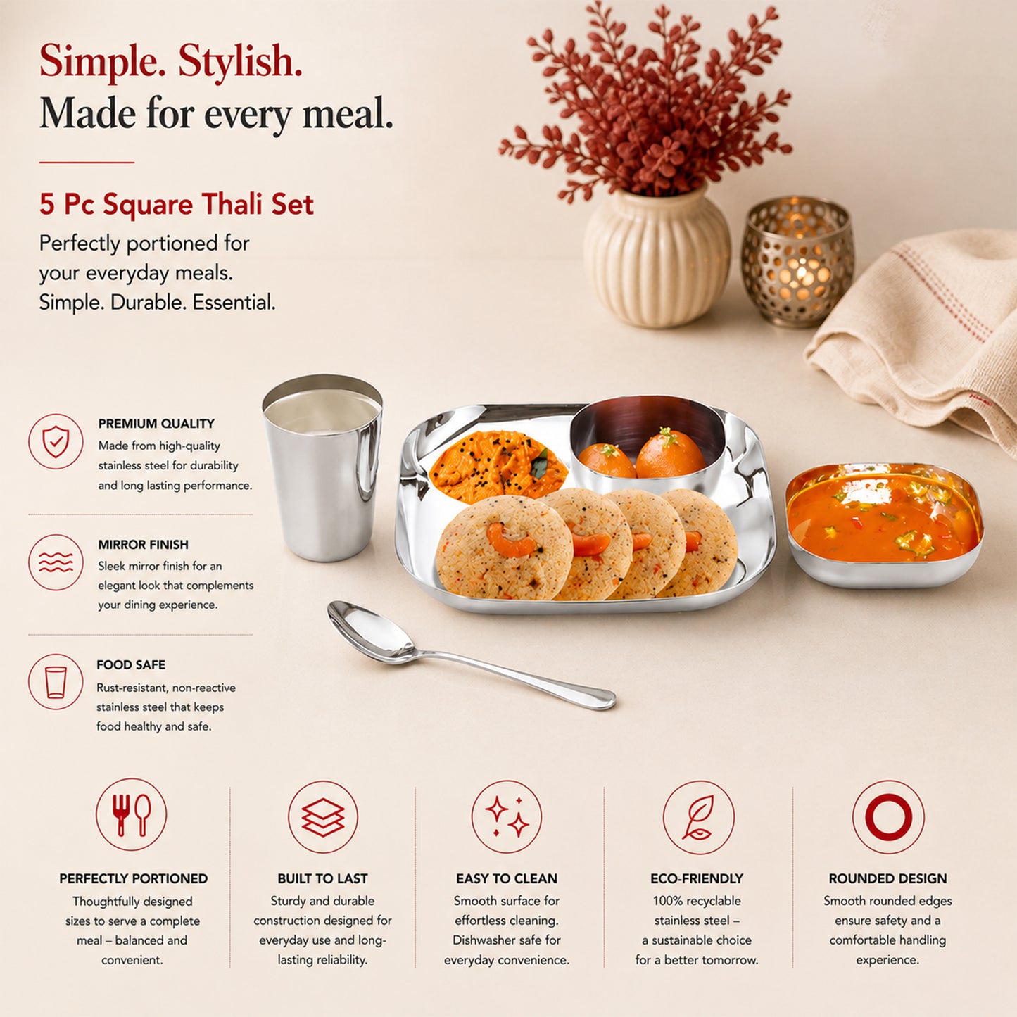 Square Thali Set 5 Pieces – 100% Stainless Steel, Rust‑Proof