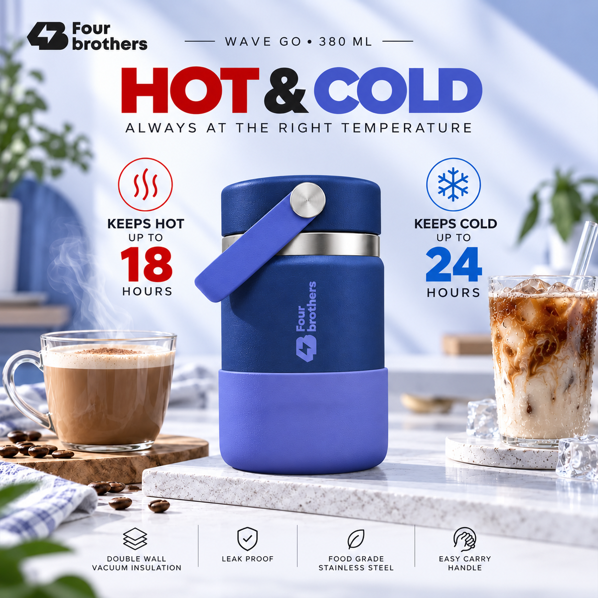 Wave Go Hot and Cold 304 Stainless Steel Wide Mouth Flask 380ml Four Brothers