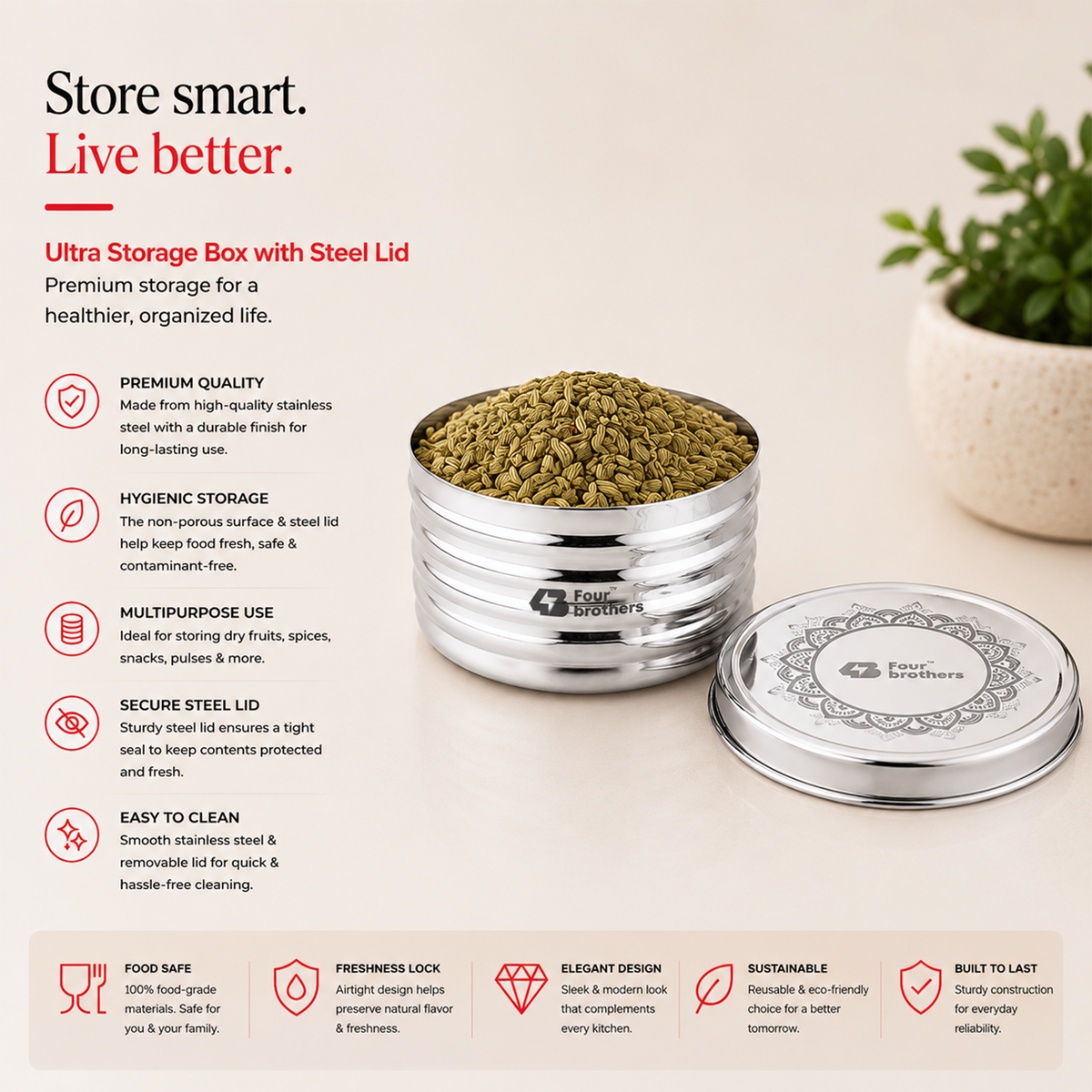 Ultra Storage Stainless Steel Box with Lid | Four Brothers