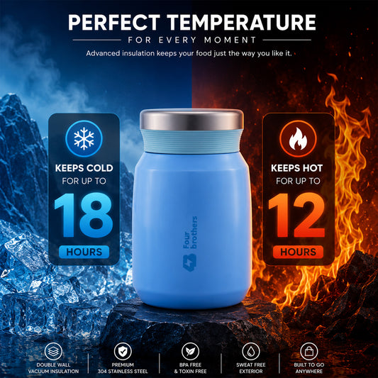 Four Brothers Insulated Food Jar – Hot & Cold Stainless Steel Container for Sambar, Rasam & Buttermilk (Leakproof, Travel-Friendly)