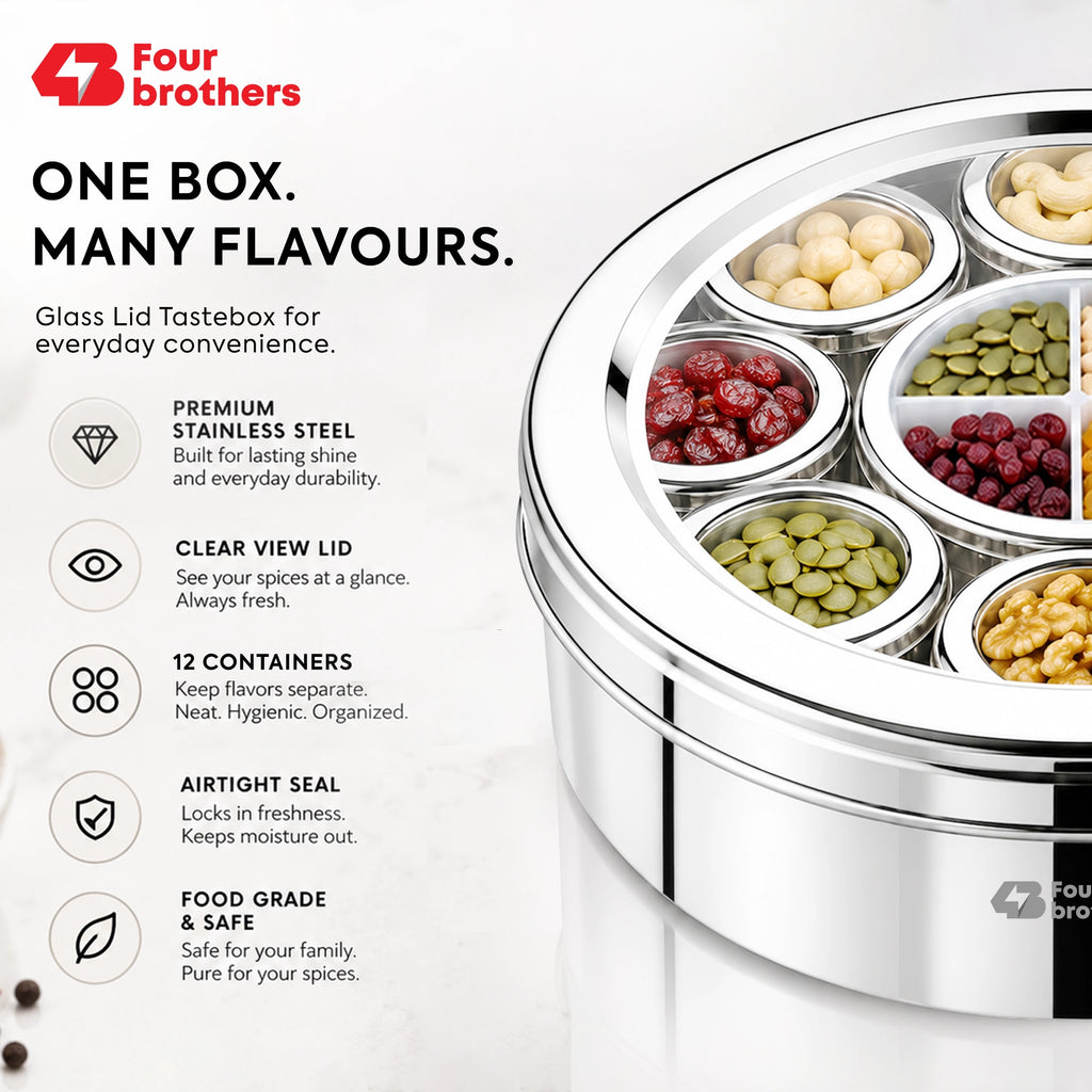Orbit Stainless Steel Spice & Dry Fruit Box, 12 in 1 | Four Brothers